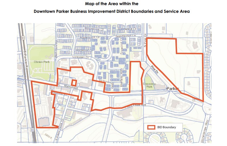 A map of the Downtown Parker Business Improvement District boundaries and service area along Mainstreet.